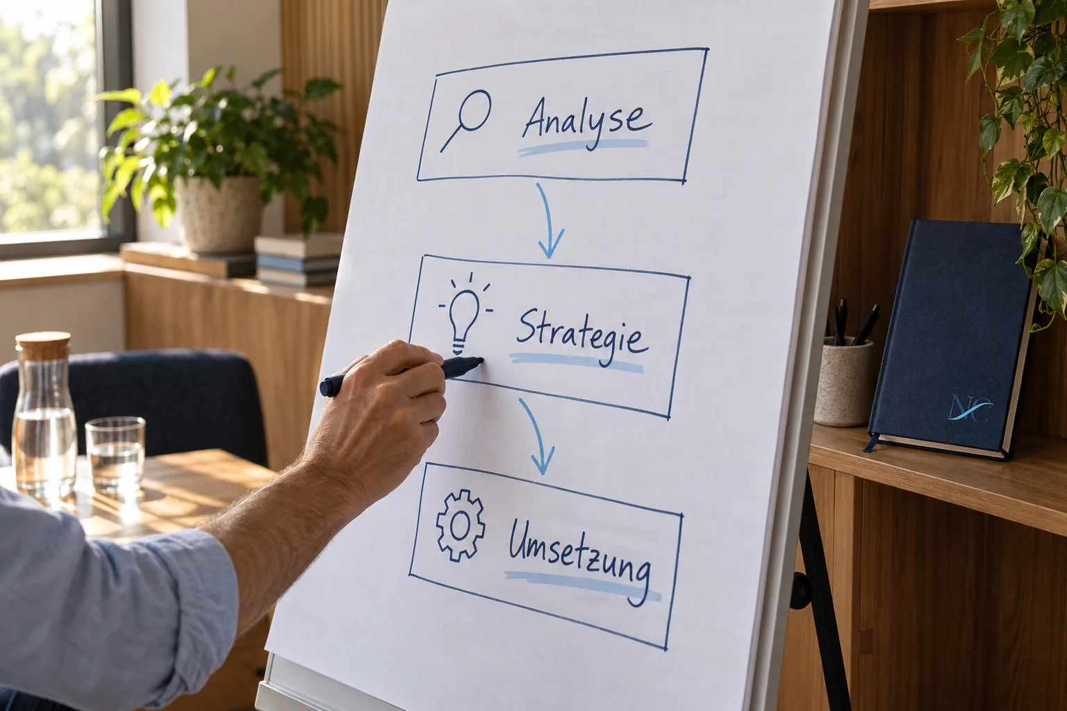 Flipchart mit den Schritten Analyse, Strategie, Umsetzung (Symbolbild)